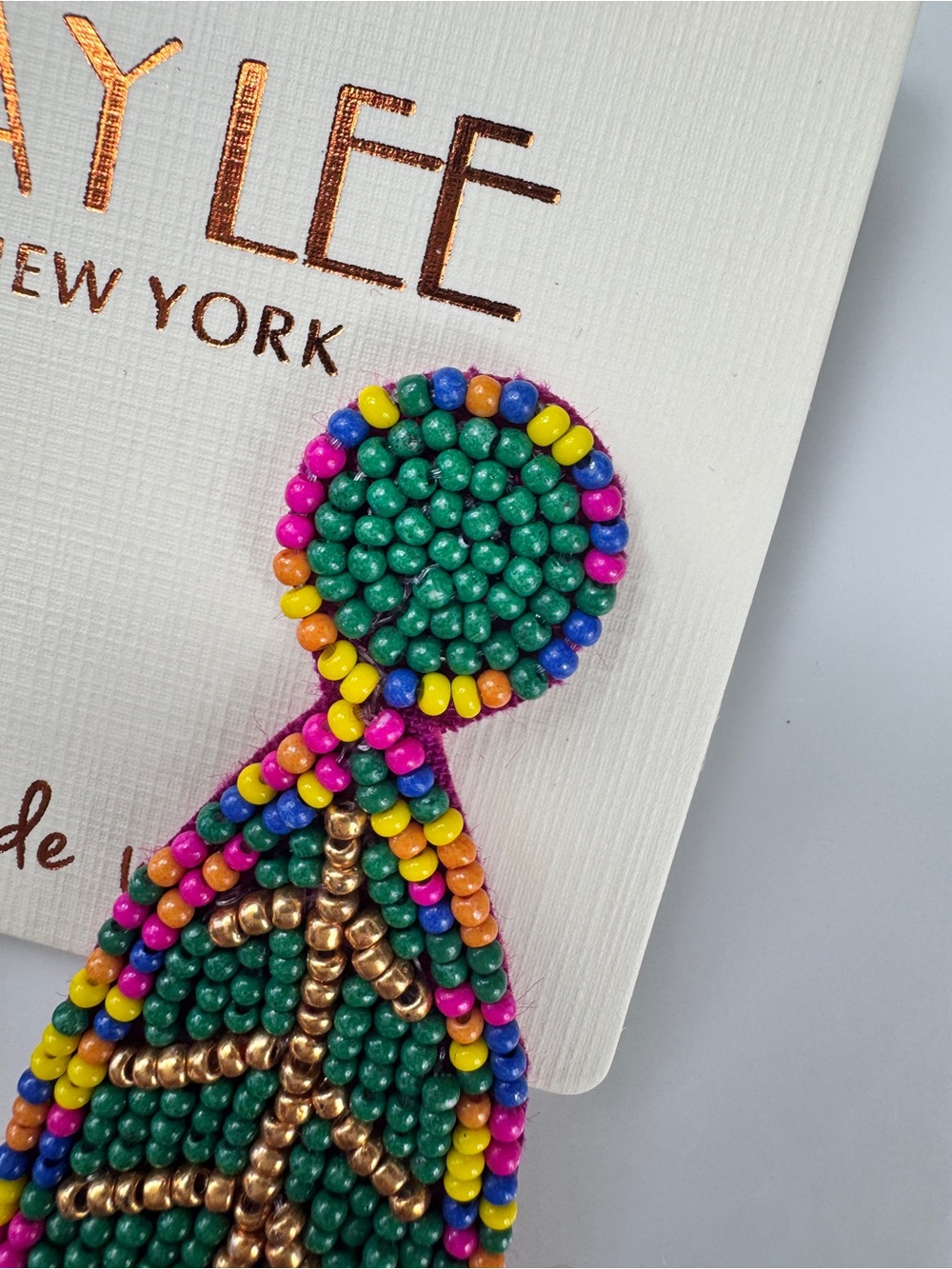 Green Multicolor Beaded Leaf Drop Earrings - Picture 3 of 6